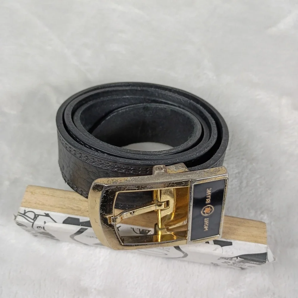 Montblanc 38in Belt Mens OS Black ‎ Gold Buckle Leather Logo Accessory